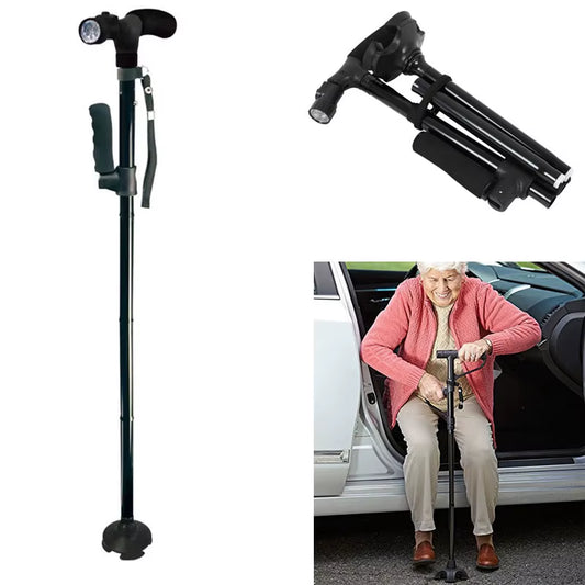 Telescopic Collapsible Cane with LED Light Folding Trusty Walking Cane for Elder Parents Camping Hiking Walking Trekking Stick