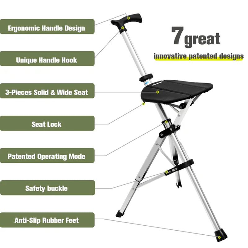 Portable Folding Walking Cane with a Seat, Alloy Cane Walker, Elder Care, Anti-Slip Lightweight Seated Cane for Seniors
