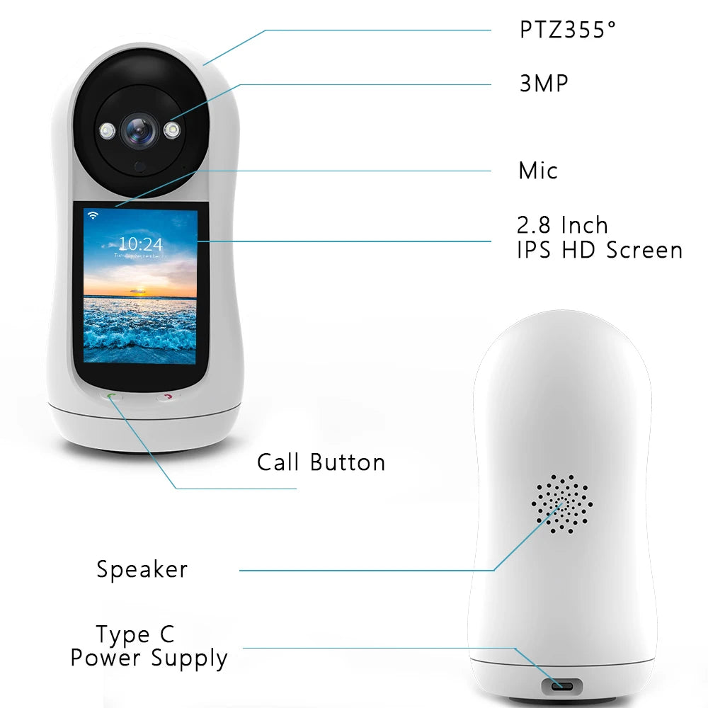 Caméra de Surveillance Intelligente 2K avec Écran 2,8", Suivi Automatique et Appel Vidéo – Babyphone Connecté Icsee