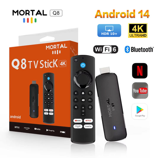 Android 14 TV Stick Q8 4K Ultra HD 1080p – Wi-Fi 6 – Google Voice – Netflix, YouTube, IPTV – Bluetooth 5.0 – Lecteur Multimédia de Streaming Sans Fil