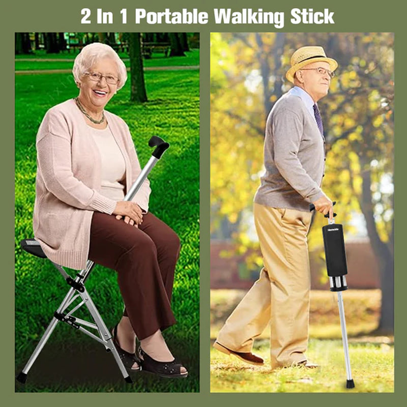 Portable Folding Walking Cane with a Seat, Alloy Cane Walker, Elder Care, Anti-Slip Lightweight Seated Cane for Seniors