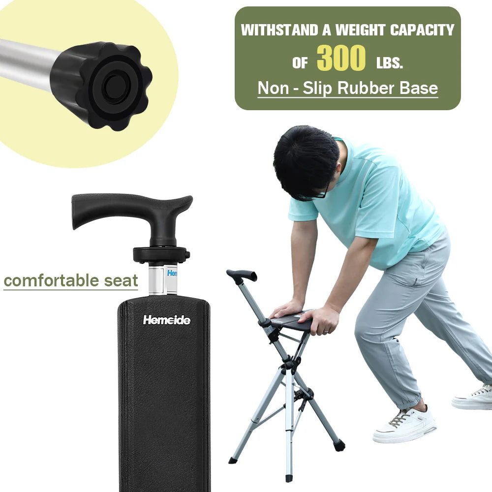 Portable Folding Walking Cane with a Seat, Alloy Cane Walker, Elder Care, Anti-Slip Lightweight Seated Cane for Seniors