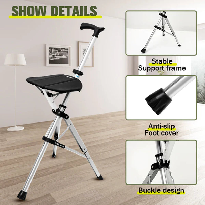 Portable Folding Walking Cane with a Seat, Alloy Cane Walker, Elder Care, Anti-Slip Lightweight Seated Cane for Seniors