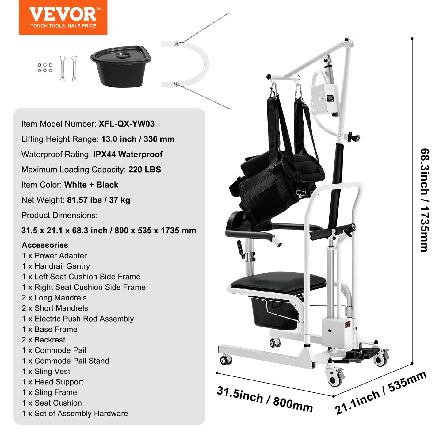 VEVOR Fauteuil Roulant Élévateur Transfert Patients Électrique Sangle Réglable
