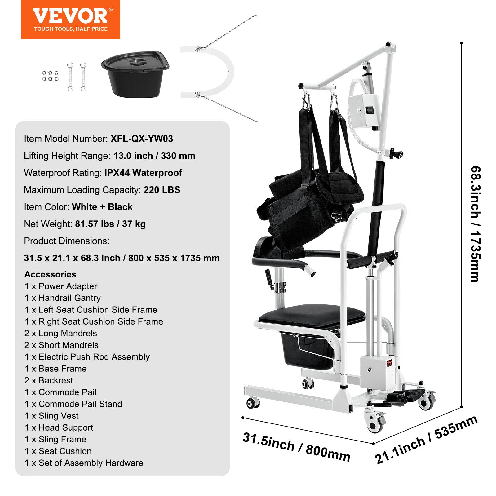 VEVOR Fauteuil Roulant Élévateur Transfert Patients Électrique Sangle Réglable