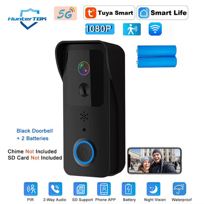 Sonnette Vidéo Connectée Tuya 1080P, Caméra Extérieure WiFi 2,4G/5G, Interphone Sans Fil Étanche