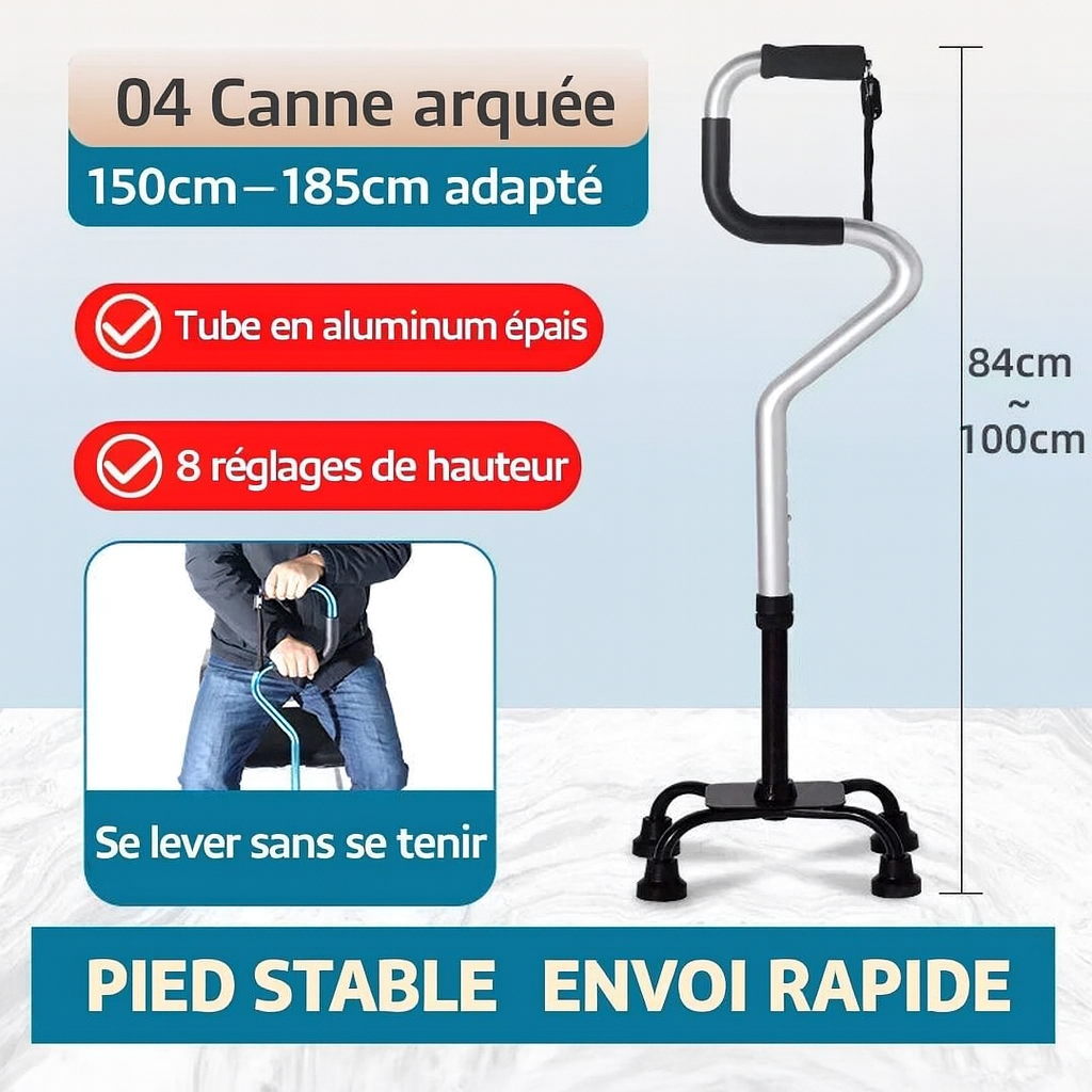 Canne de Marche à Quatre Pieds Antidérapante – Aide Sécurisée pour Seniors