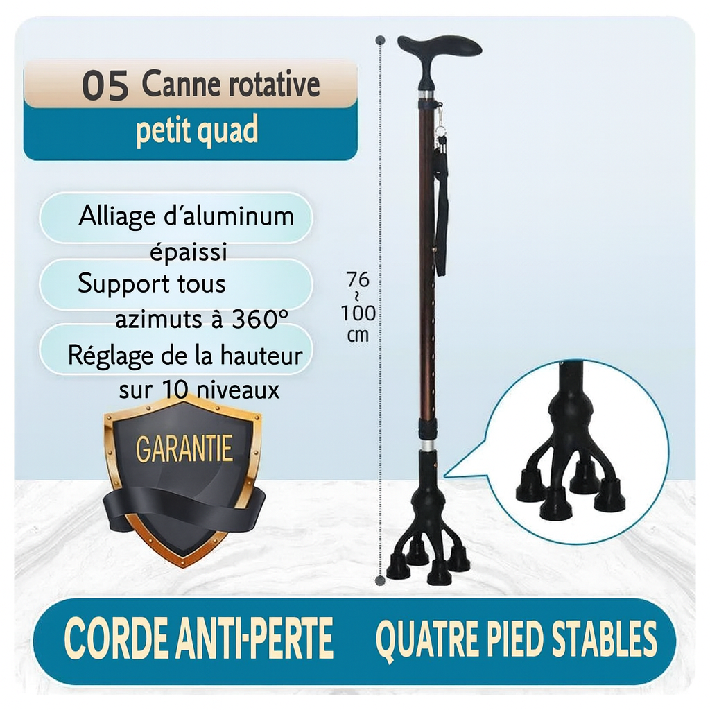 Canne de Marche à Quatre Pieds Antidérapante – Aide Sécurisée pour Seniors