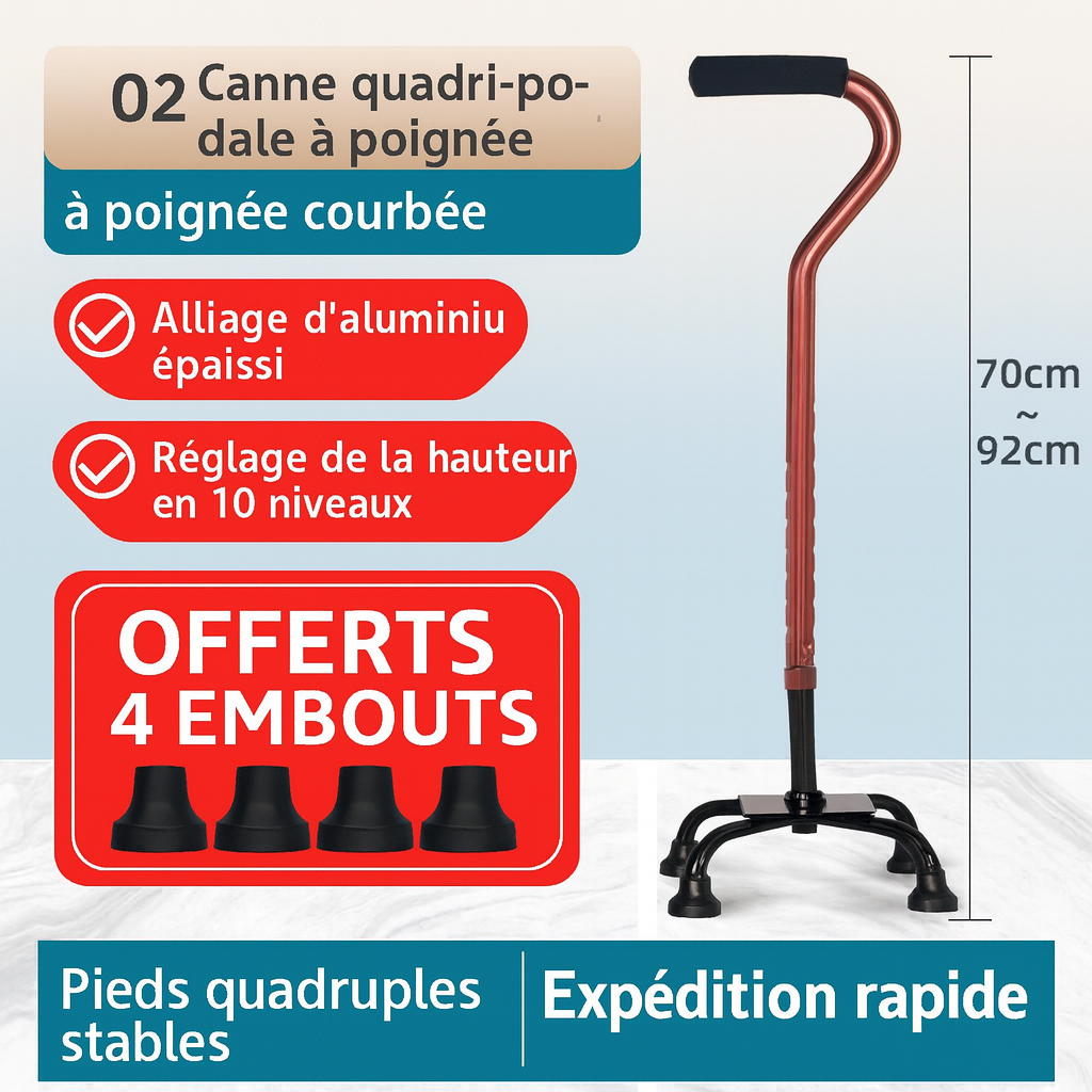 Canne de Marche à Quatre Pieds Antidérapante – Aide Sécurisée pour Seniors
