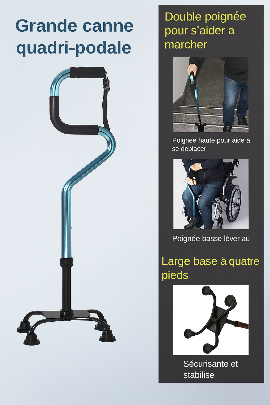 Canne de Marche à Quatre Pieds Antidérapante – Aide Sécurisée pour Seniors