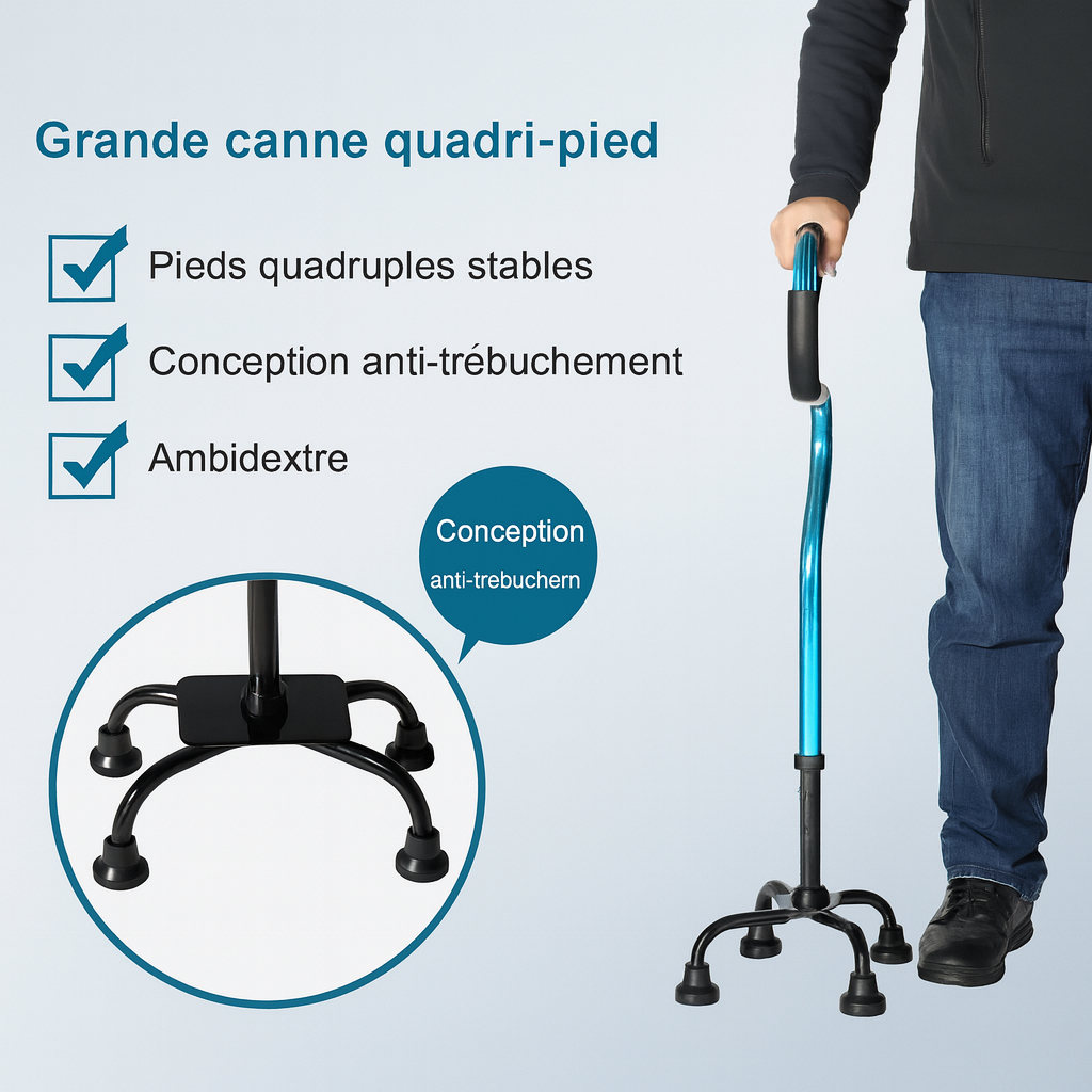 Canne de Marche à Quatre Pieds Antidérapante – Aide Sécurisée pour Seniors