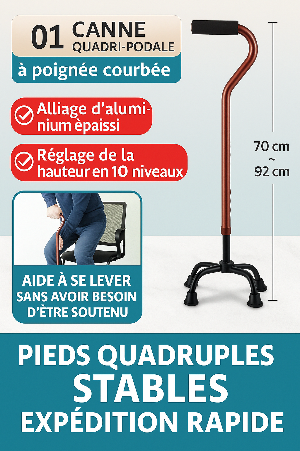 Canne de Marche à Quatre Pieds Antidérapante – Aide Sécurisée pour Seniors