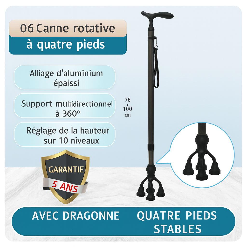 Canne de Marche à Quatre Pieds Antidérapante – Aide Sécurisée pour Seniors