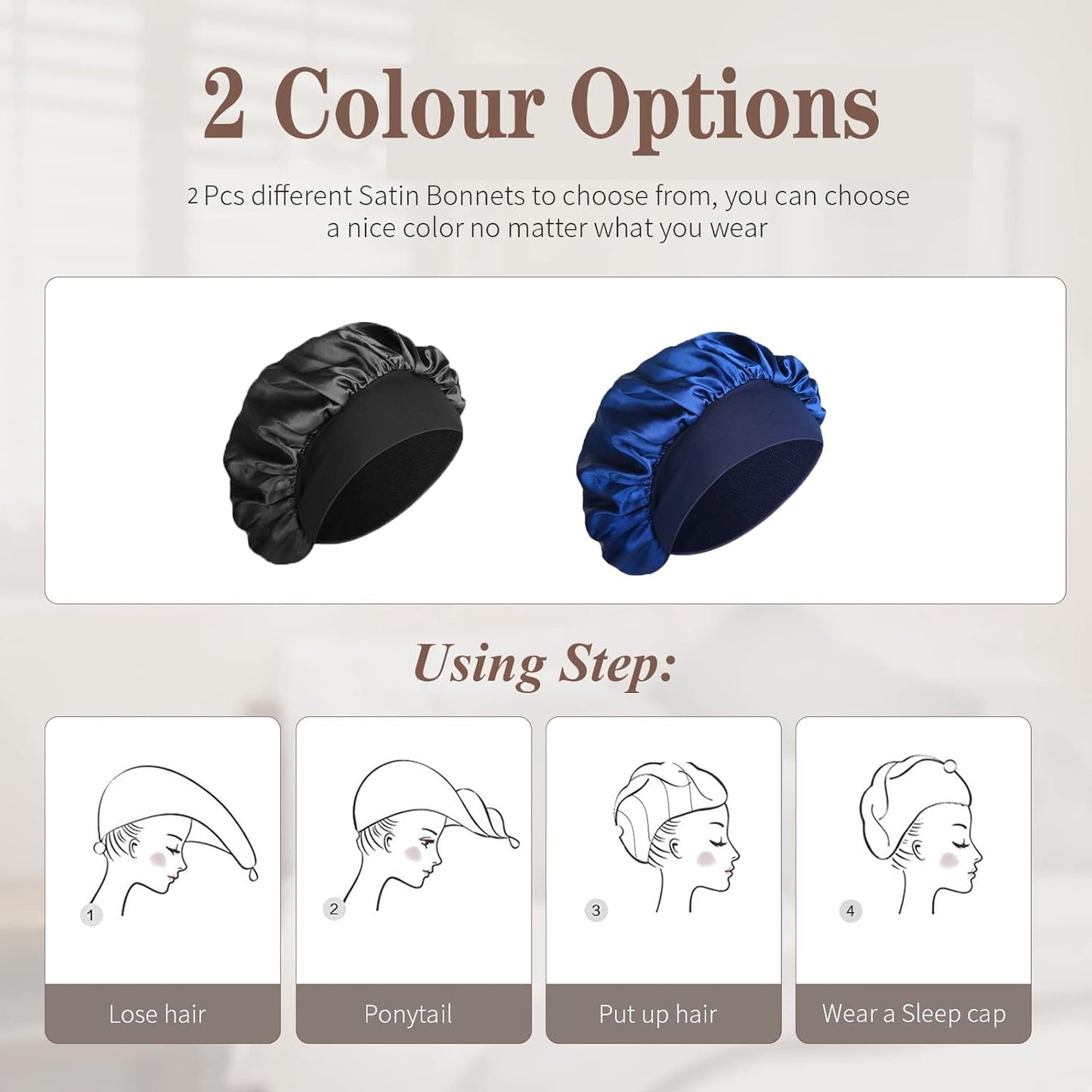 Bonnet De Soie Pour Dormir, Satin Doux Et Confortable, Noir, Bleu Marine