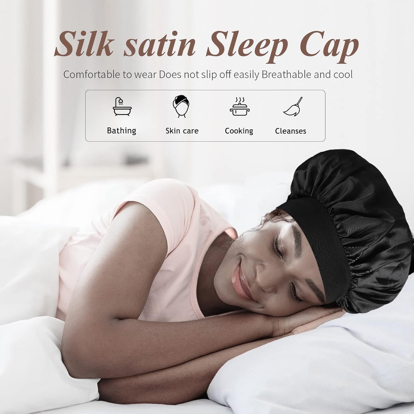 Bonnet De Soie Pour Dormir, Satin Doux Et Confortable, Noir, Bleu Marine
