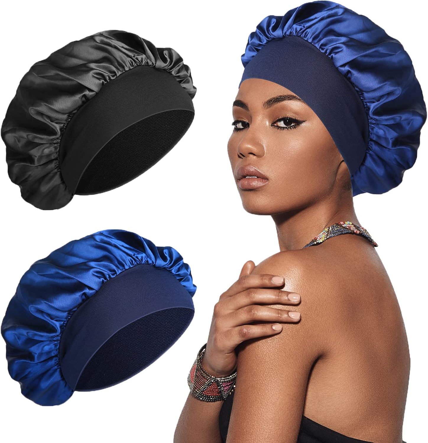 Bonnet De Soie Pour Dormir, Satin Doux Et Confortable, Noir, Bleu Marine