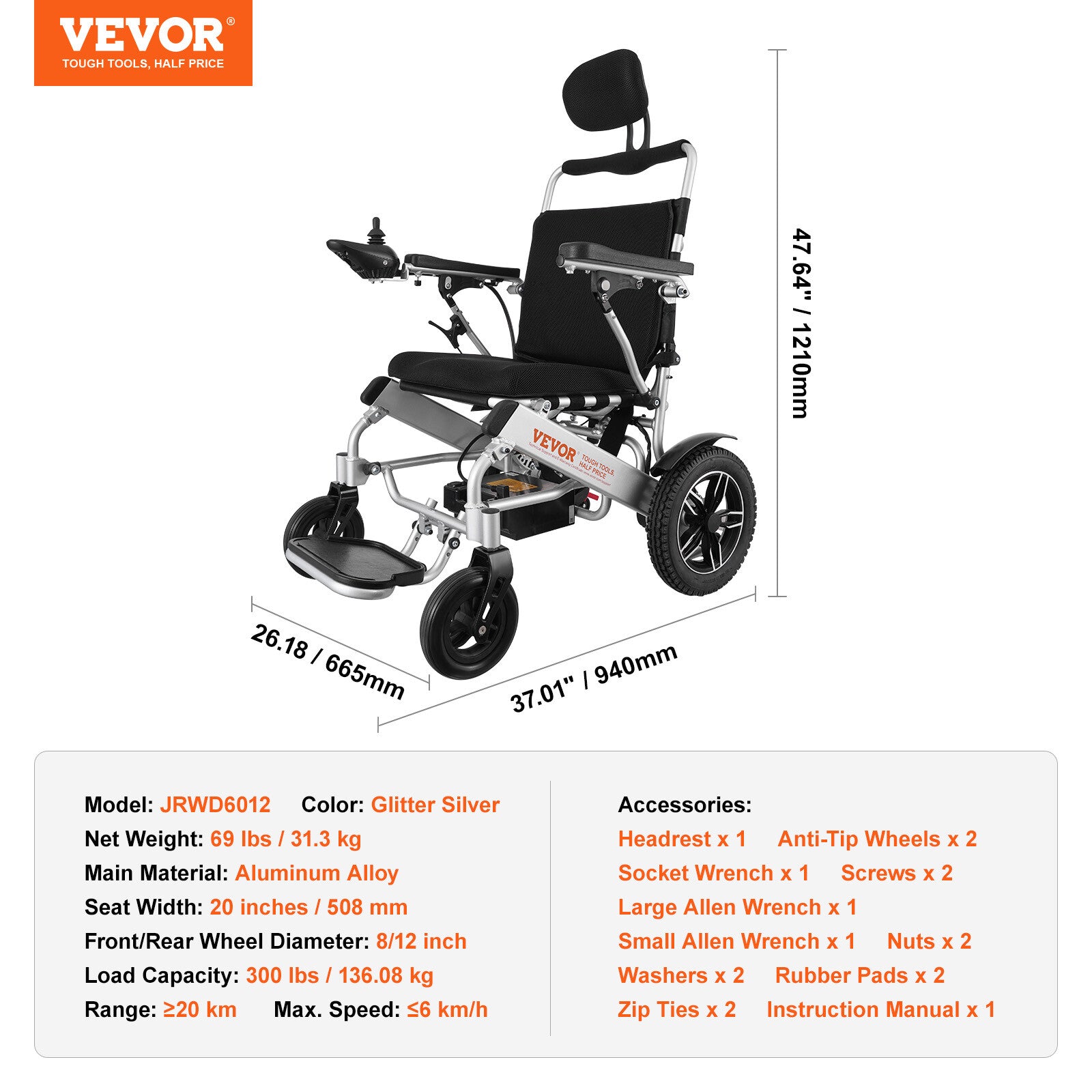 VEVOR Fauteuil Roulant Électrique Pliable Motorisé 136Kg Dossier Réglable 508Mm