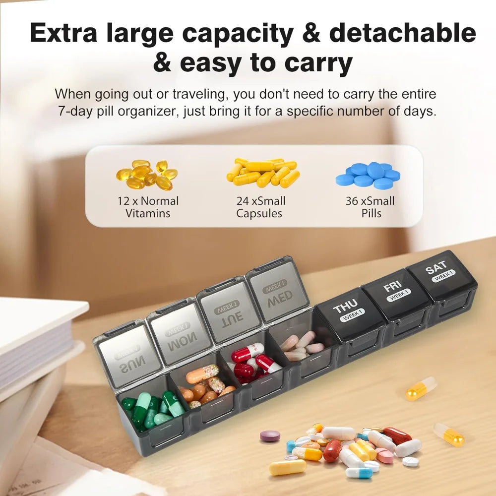 Large Portable Travel Monthly Pill Organizer 4 Weeks a Month 28 Days Pill Box Case for Vitamins Supplements Fish Oil Medication