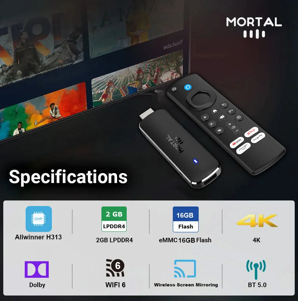 Android 14 TV Stick Q8 4K Ultra HD 1080p – Wi-Fi 6 – Google Voice – Netflix, YouTube, IPTV – Bluetooth 5.0 – Lecteur Multimédia de Streaming Sans Fil