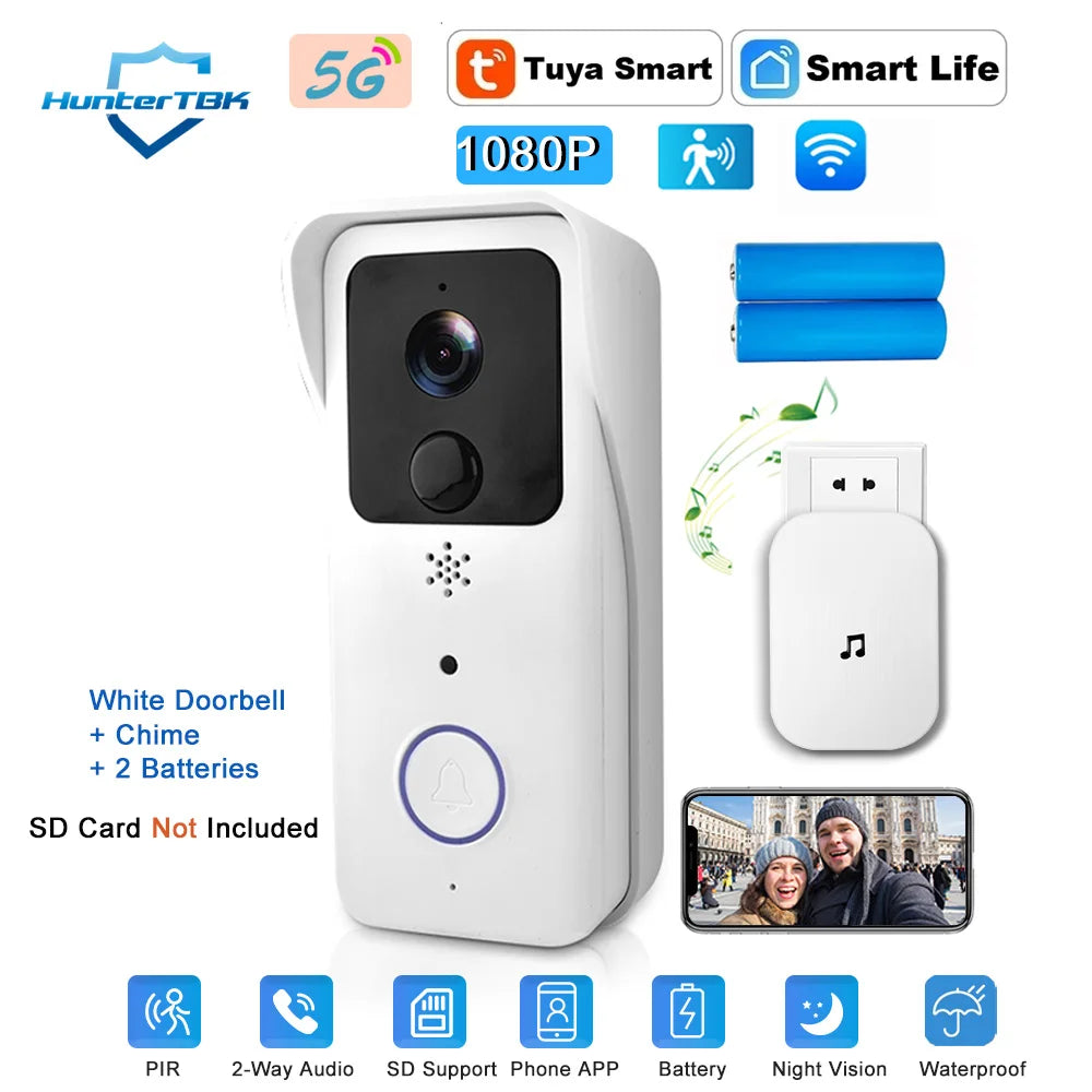 Sonnette Vidéo Connectée Tuya 1080P, Caméra Extérieure WiFi 2,4G/5G, Interphone Sans Fil Étanche