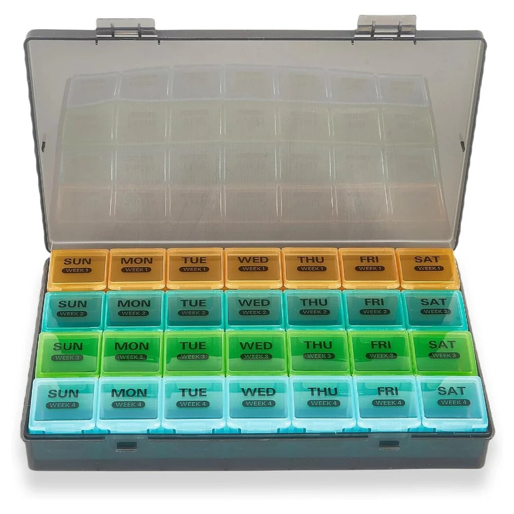 Large Portable Travel Monthly Pill Organizer 4 Weeks a Month 28 Days Pill Box Case for Vitamins Supplements Fish Oil Medication