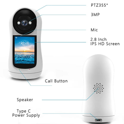 Caméra de Surveillance Intelligente 2K avec Écran 2,8", Suivi Automatique et Appel Vidéo – Babyphone Connecté Icsee