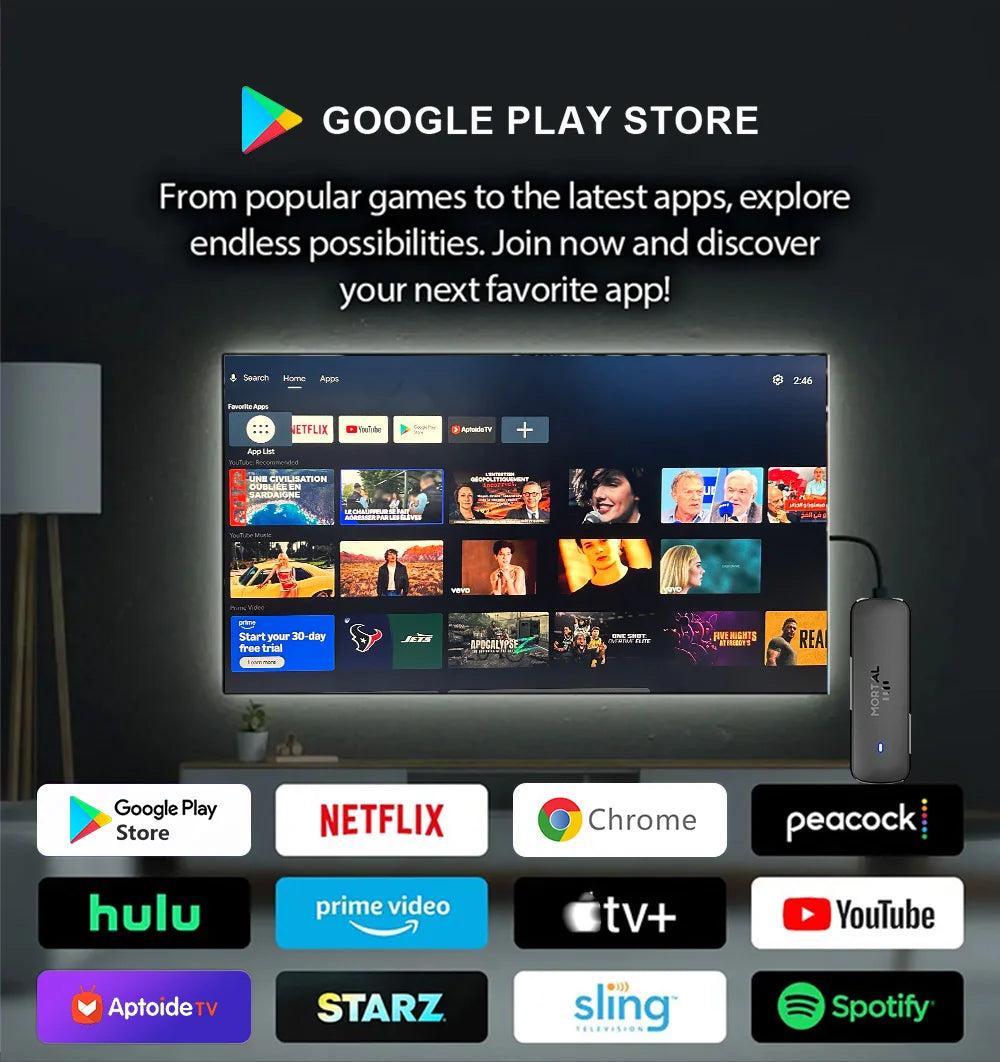 Android 14 TV Stick Q8 4K Ultra HD 1080p – Wi-Fi 6 – Google Voice – Netflix, YouTube, IPTV – Bluetooth 5.0 – Lecteur Multimédia de Streaming Sans Fil