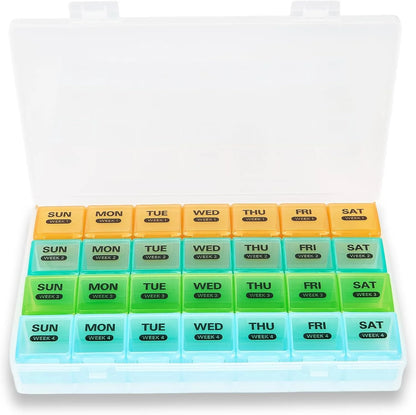Large Portable Travel Monthly Pill Organizer 4 Weeks a Month 28 Days Pill Box Case for Vitamins Supplements Fish Oil Medication