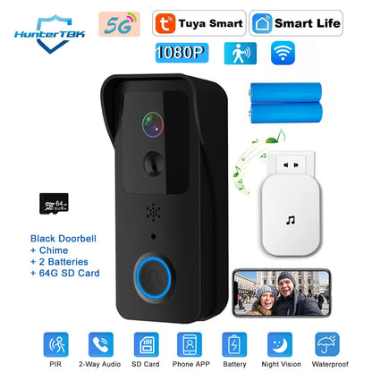 Sonnette Vidéo Connectée Tuya 1080P, Caméra Extérieure WiFi 2,4G/5G, Interphone Sans Fil Étanche