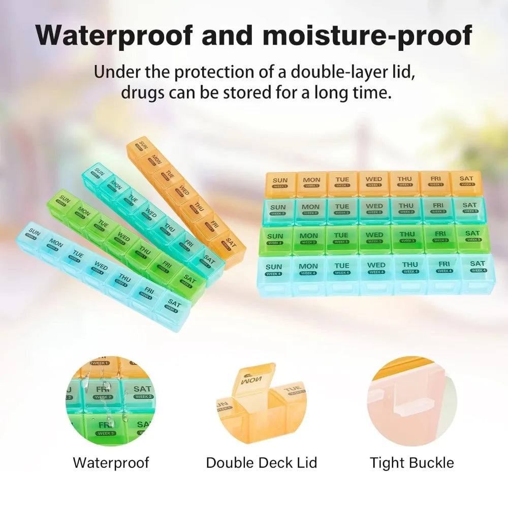 Large Portable Travel Monthly Pill Organizer 4 Weeks a Month 28 Days Pill Box Case for Vitamins Supplements Fish Oil Medication