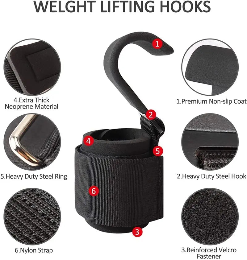 Crochets de Musculation avec Support Poignet – Sangles de Tirage Antidérapantes pour Tractions, Powerlifting et Fitness