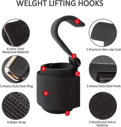 Crochets de Musculation avec Support Poignet – Sangles de Tirage Antidérapantes pour Tractions, Powerlifting et Fitness
