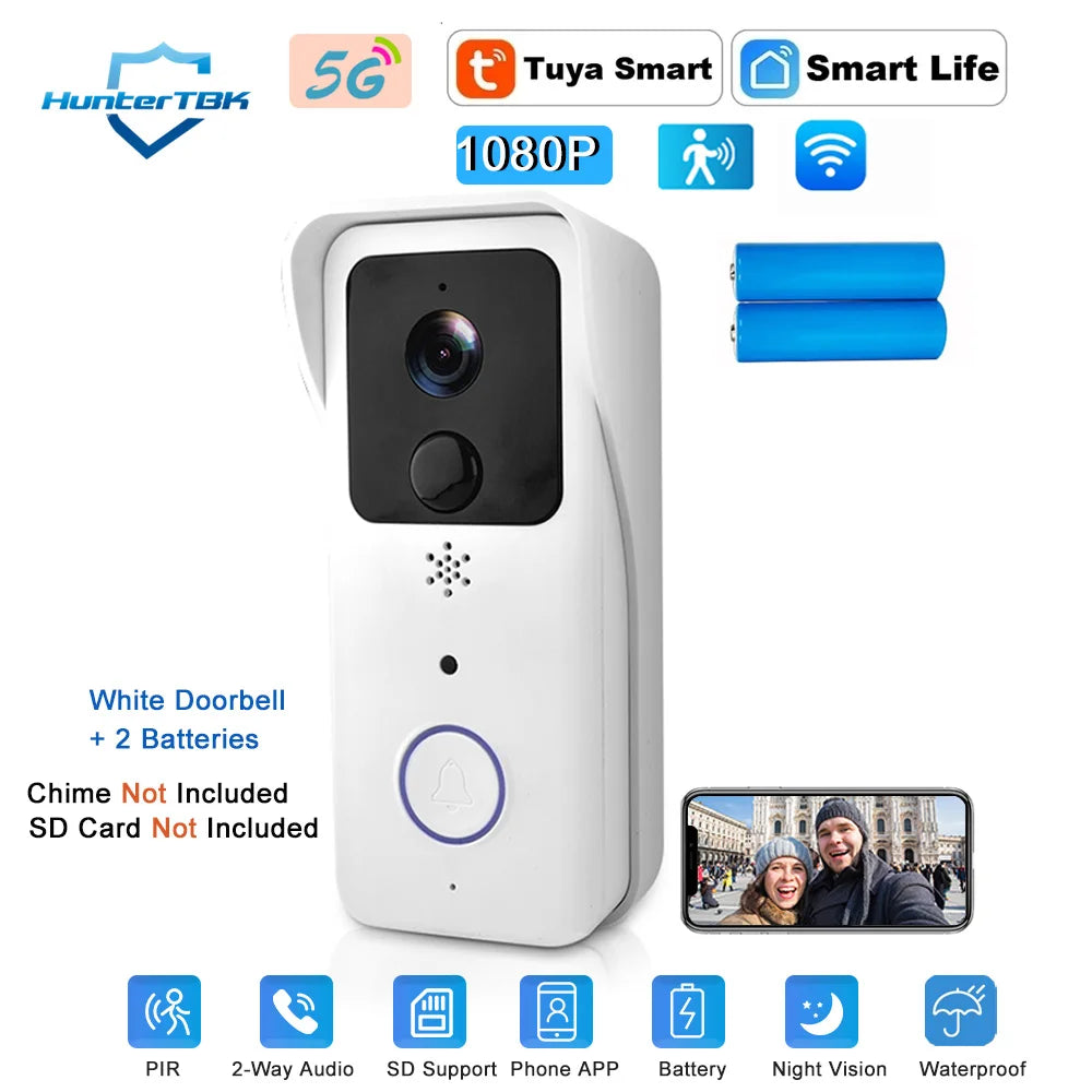Sonnette Vidéo Connectée Tuya 1080P, Caméra Extérieure WiFi 2,4G/5G, Interphone Sans Fil Étanche