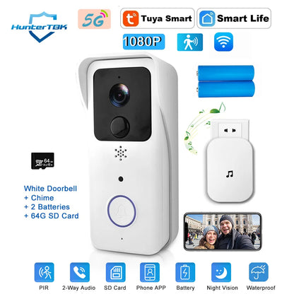 Sonnette Vidéo Connectée Tuya 1080P, Caméra Extérieure WiFi 2,4G/5G, Interphone Sans Fil Étanche