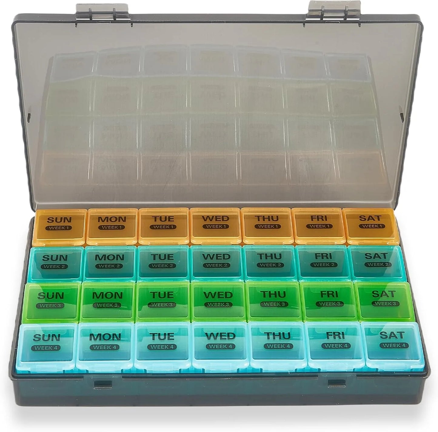 Large Portable Travel Monthly Pill Organizer 4 Weeks a Month 28 Days Pill Box Case for Vitamins Supplements Fish Oil Medication