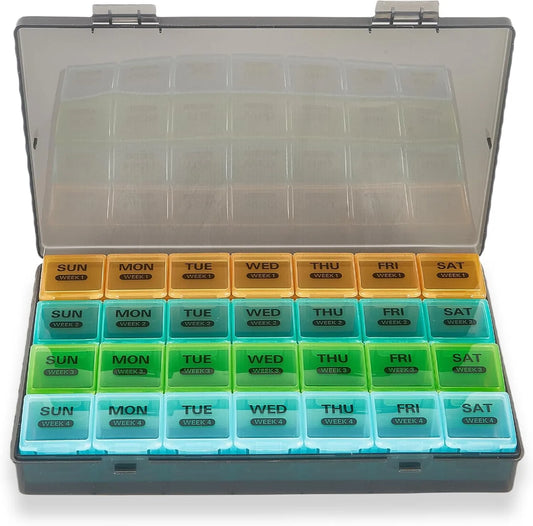 Large Portable Travel Monthly Pill Organizer 4 Weeks a Month 28 Days Pill Box Case for Vitamins Supplements Fish Oil Medication