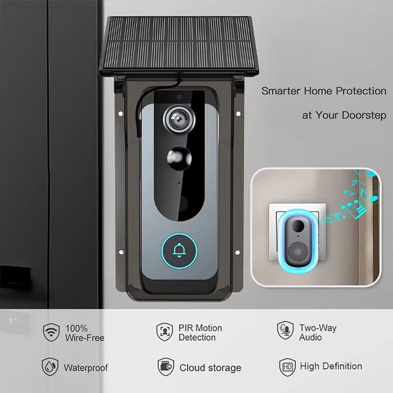 Sonnette Vidéo Intelligente Tuya avec Détection de Mouvement PIR – Caméra Extérieure WiFi Sans Fil, Vision HD 1080P et Protection Anti-Pluie Solaire