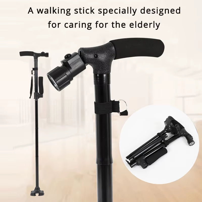 Telescopic Collapsible Cane with LED Light Folding Trusty Walking Cane for Elder Parents Camping Hiking Walking Trekking Stick