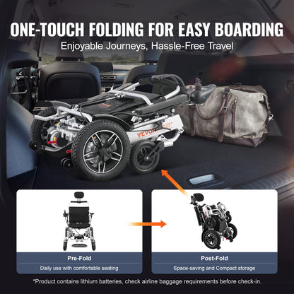 VEVOR Fauteuil Roulant Électrique Pliable Motorisé 136Kg Dossier Réglable 508Mm